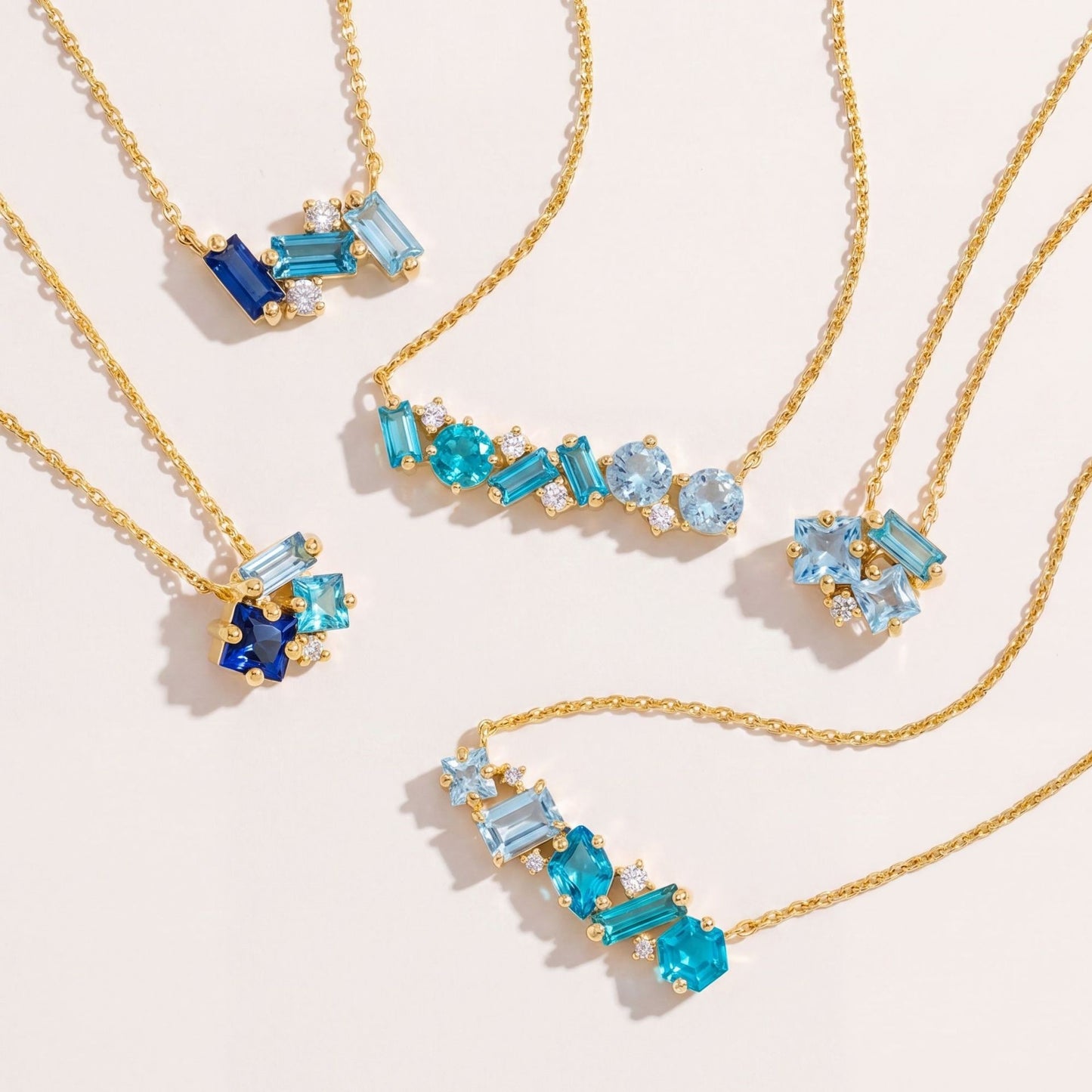 Blue Diamond Geometric Paved Gold Multi-Shape Clavicle Chain Necklace Accessory
