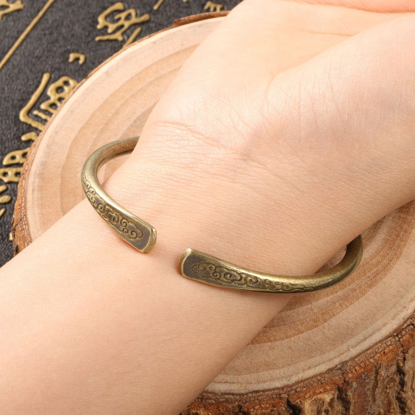 Chinese Style Antique Look Patinated Brass Bracelet