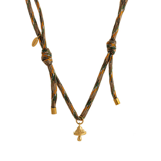 Stainless Steel Gold Mushroom Lucky Charm Necklace With Zircon Inlays
