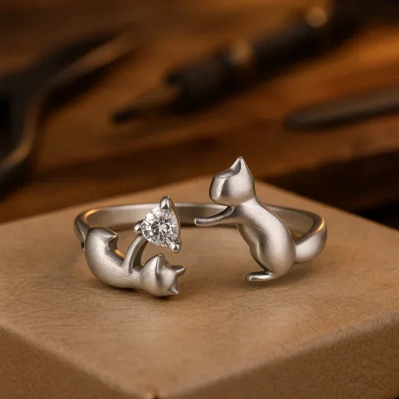 Double Cat Playing With Ring Necklace Woman