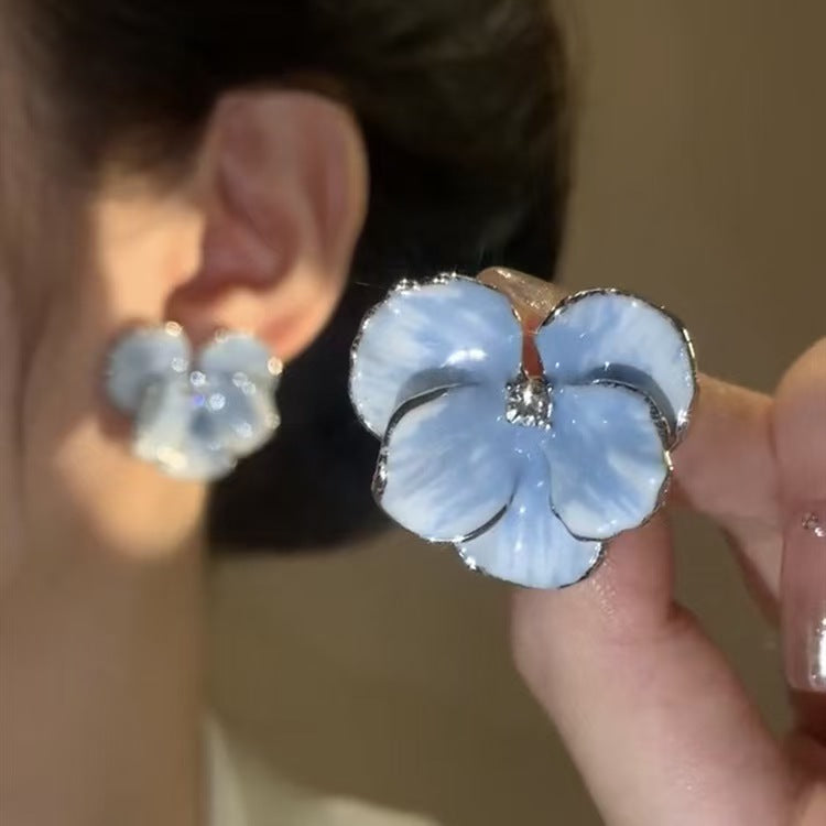 Vintage Enamel Blue Flower Earrings For Women S925 Silver Needle French Luxury Stud Earrings