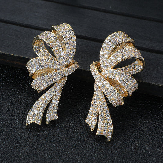 Three-dimensional Bow Earrings Fully Paved With Diamonds Eye-catching Dazzling And Sweet