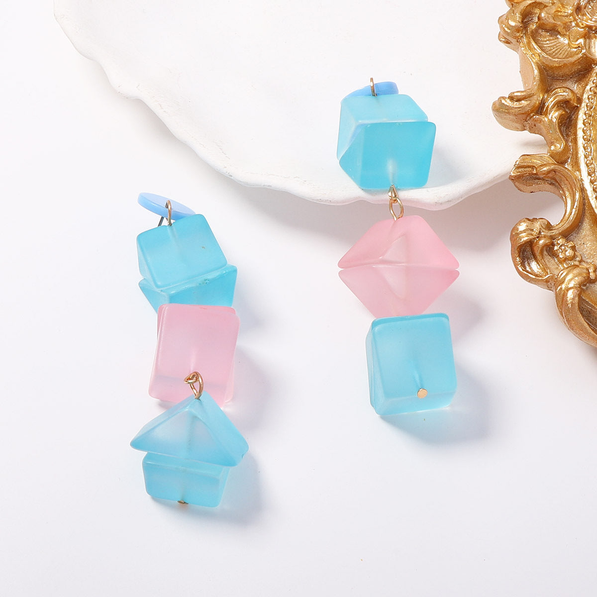 Summer Vitality Macaron Color-Block Matte Square Three-Dimensional Drop Earrings