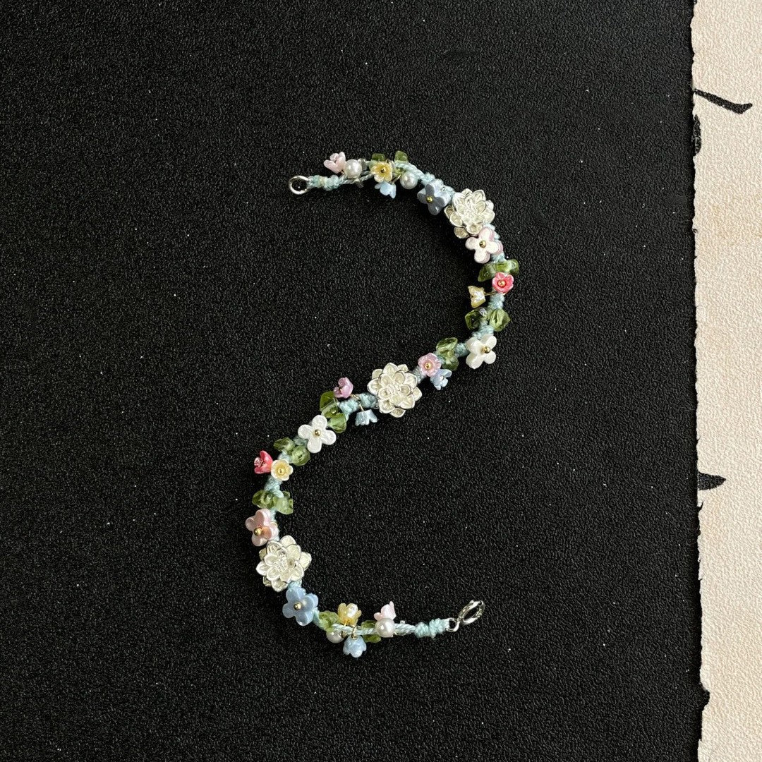S925 Sterling Silver-plated Lotus Flower Colorful Braided Bracelet