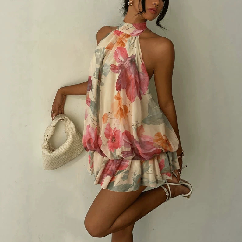 Halter-neck Ruffle Sleeveless Tiered Dress