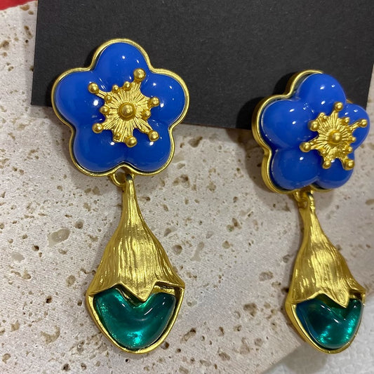 Blue Floral Earrings - Sterling Silver Posts - Thread Theory