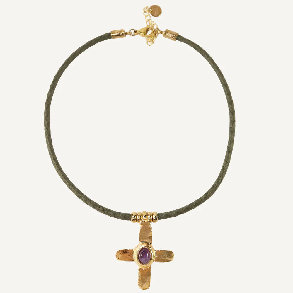 Stainless Steel Cross Pendant Charm With Faux Natural Stone Accessory