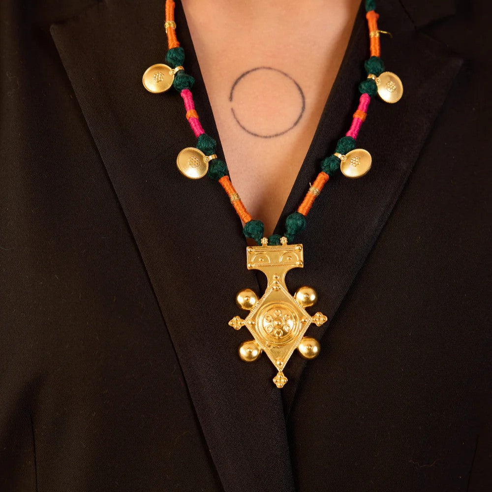 Stainless Steel Necklace With An Evil Eye Disc Pendant And A Color-retaining Cord