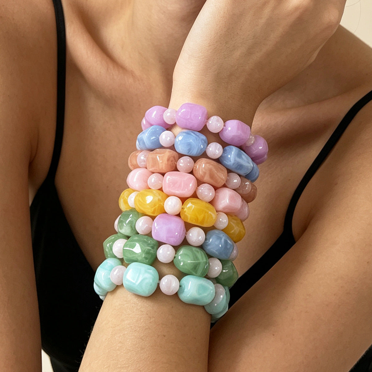 Macaron Gradient Square Beaded Bracelet Dopamine-Boosting And Fresh For Women