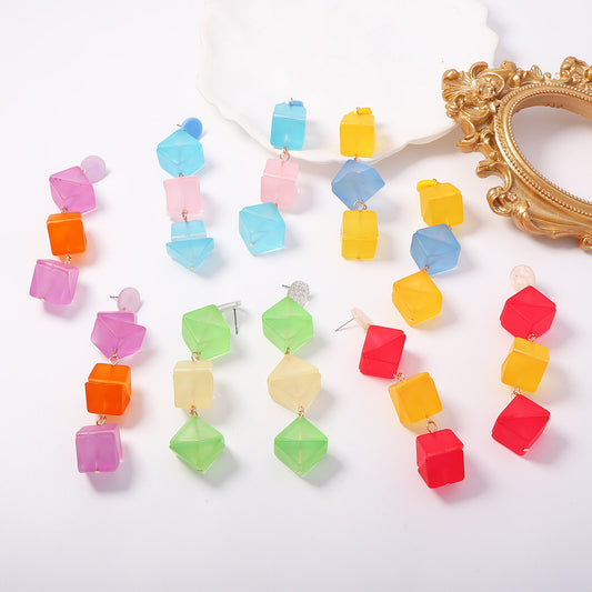Summer Vitality Macaron Color-Block Matte Square Three-Dimensional Drop Earrings