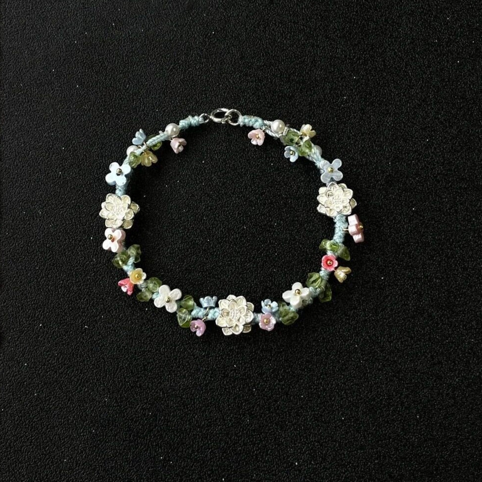 S925 Sterling Silver-plated Lotus Flower Colorful Braided Bracelet