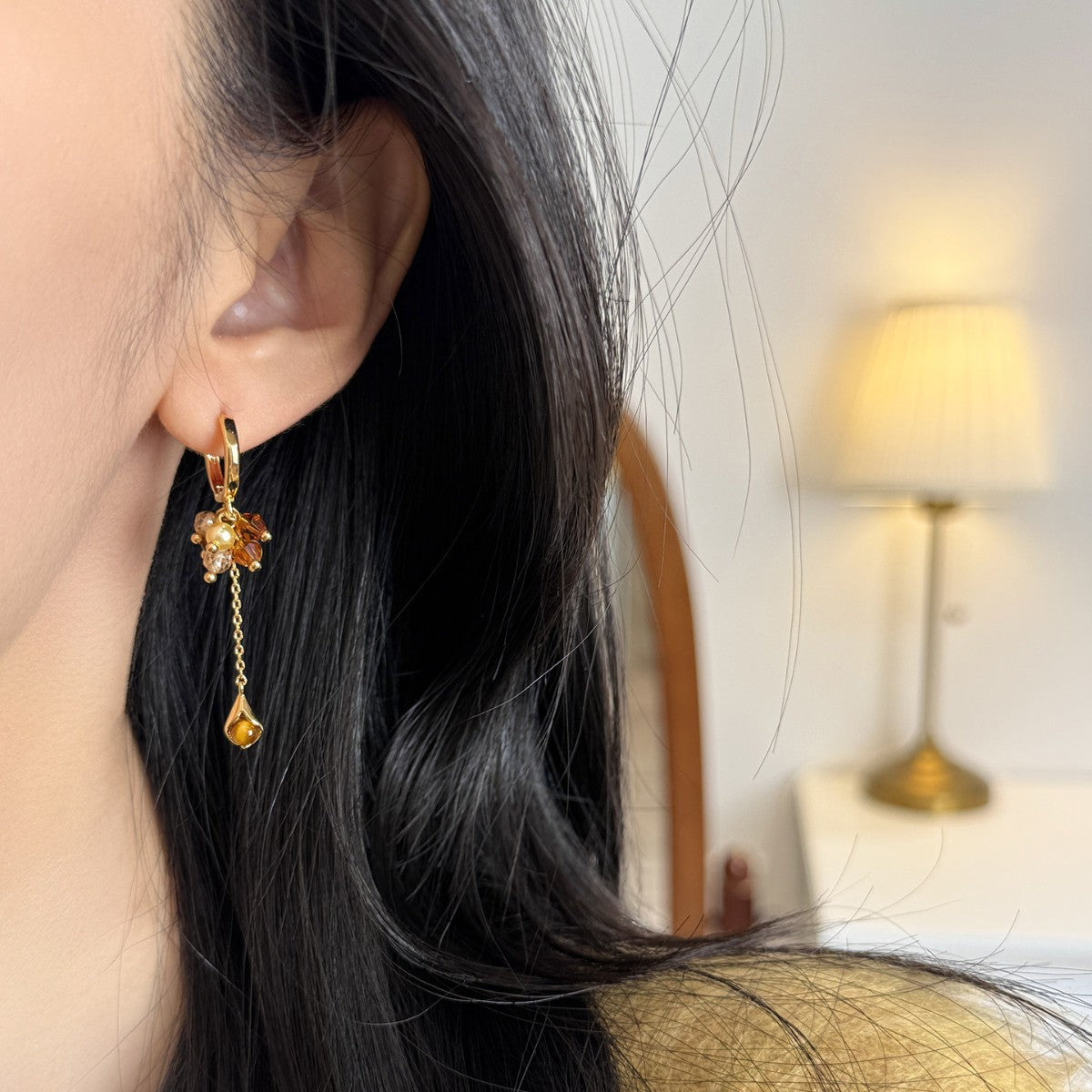 Tigers Eye Tassel Pearl Earrings For Women