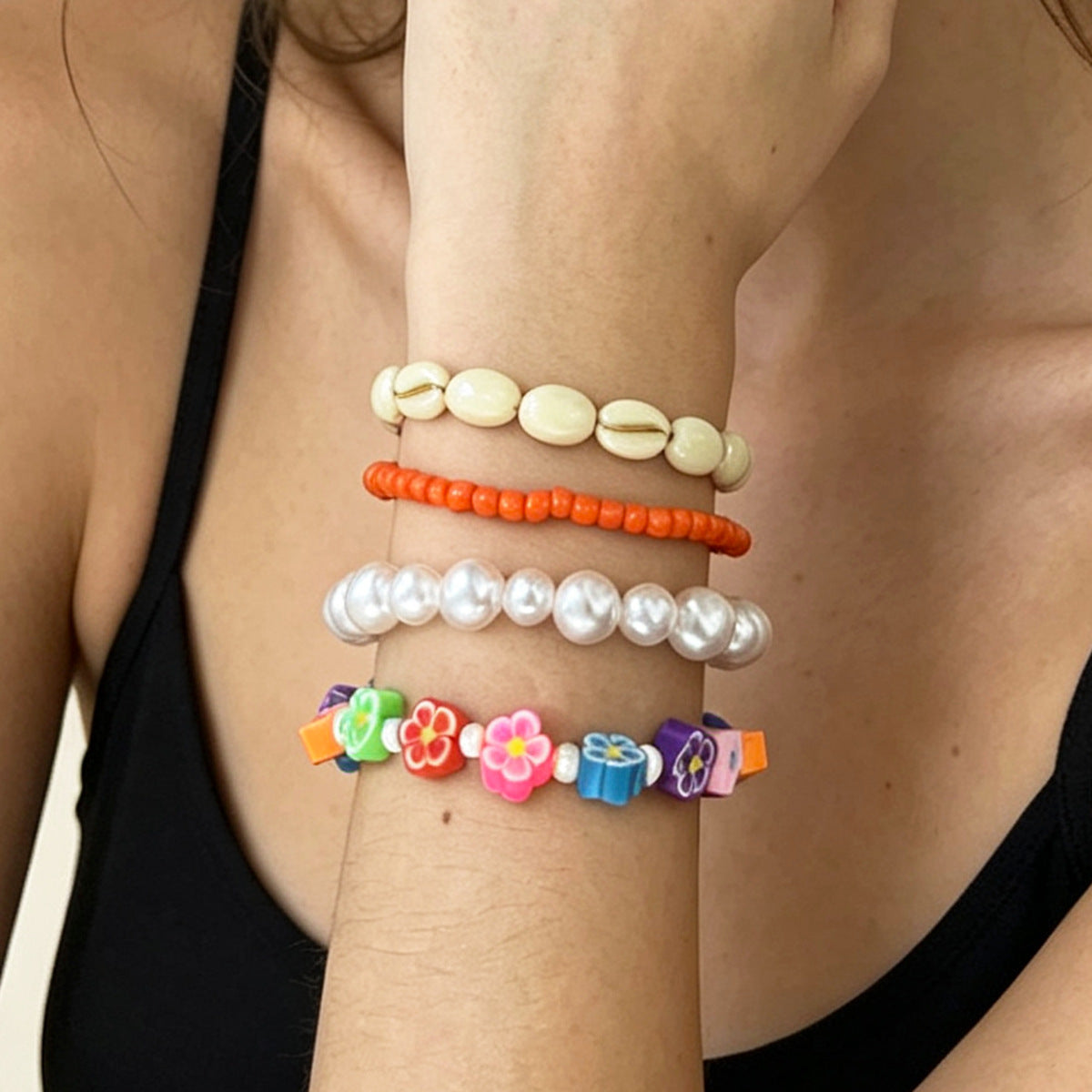 Vibrant Floral Shell And Bead Bracelet