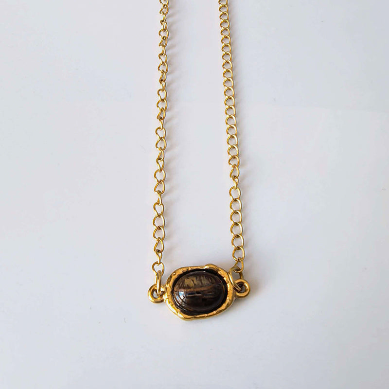 Stainless Steel Pendant Necklace With Tiger's Eye Stone Inlay