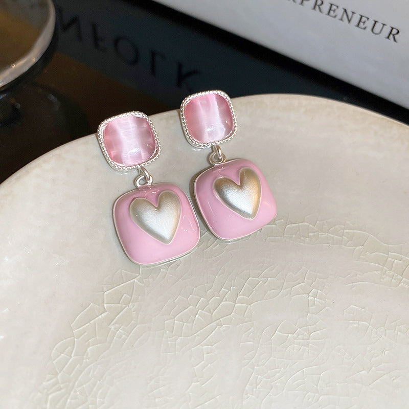Girlish Wrinkled Heart Earrings Women Silver Needle Flower Cat Eye Pearl Studs Fashion