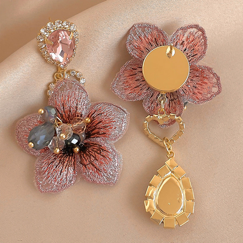 Silver Needle Vintage Asymmetrical Fabric Flower Dangle Earrings For Women French Elegant Jewelry