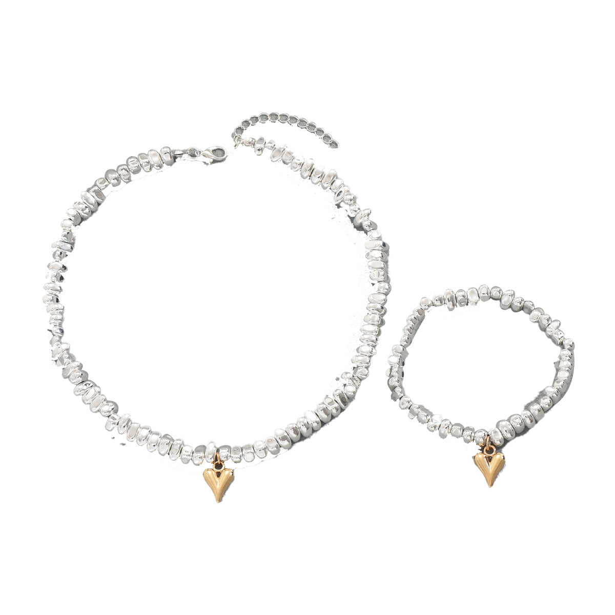 Best Selling Cross-border European American Women Jewelry Set, Geometric Heart Crushed Silver Irregular Design Clavicle Necklace & Matching Bracelet, Versatile Daily Neck Wrist Accessories
