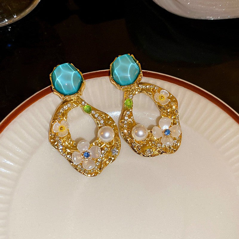 Luxury Silver Needle Earrings For Women Flower Geometric Rhinestone Niche Versatile