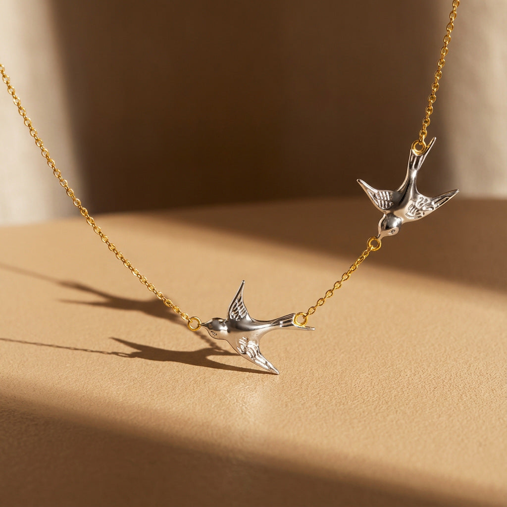 Stainless Steel Double Swallow Pendant Necklace