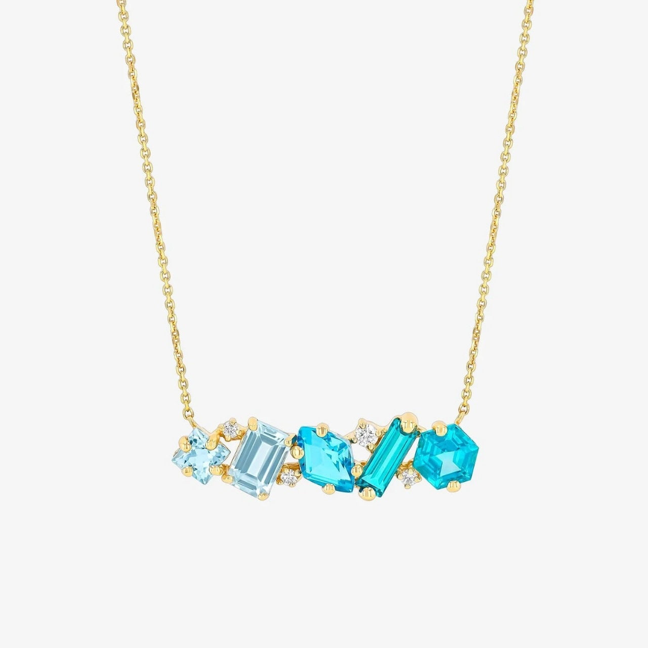 Blue Diamond Geometric Paved Gold Multi-Shape Clavicle Chain Necklace Accessory