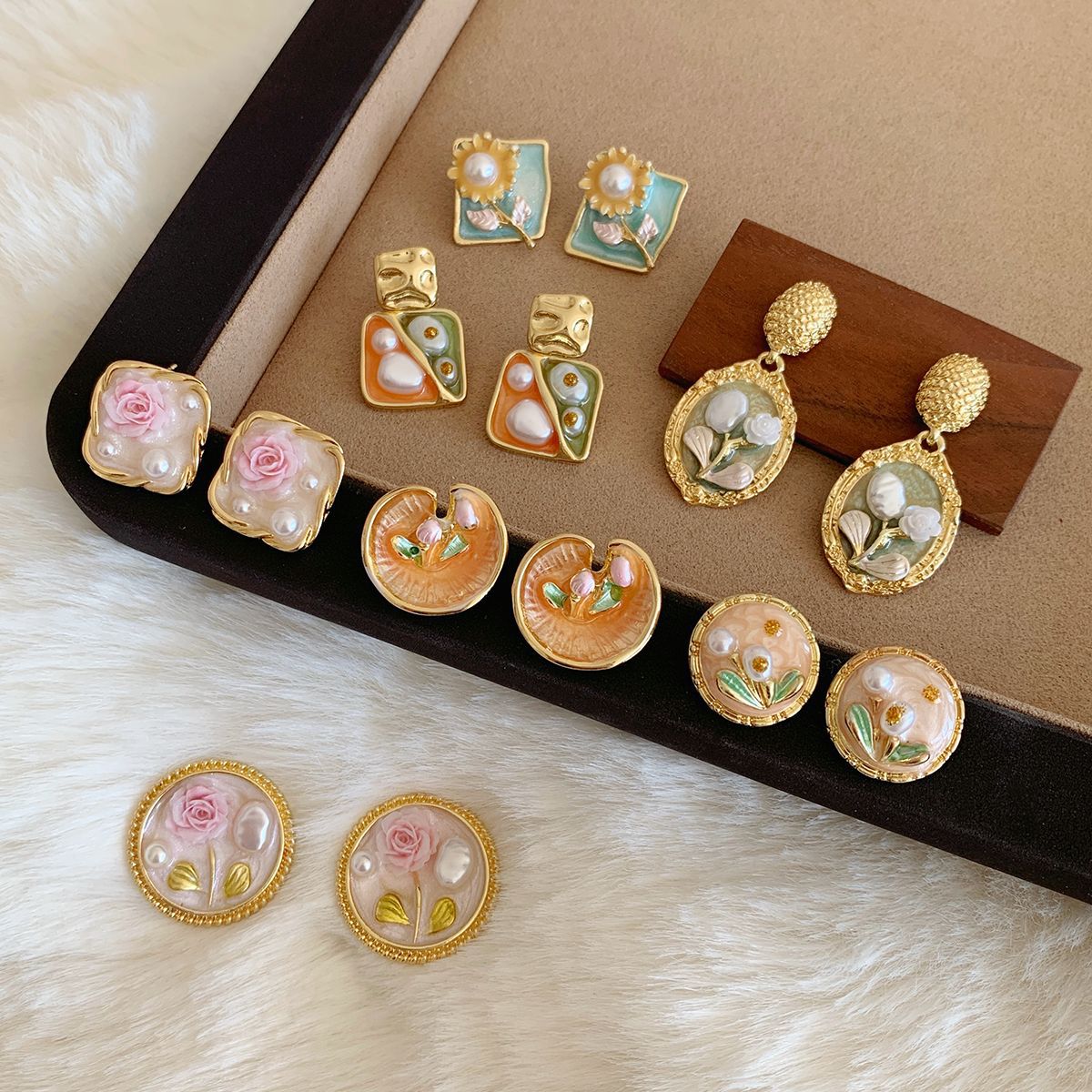 French Vintage Monet Garden Earrings Series Autumn Winter New Silver Needle Enamel Pearl Jewelry