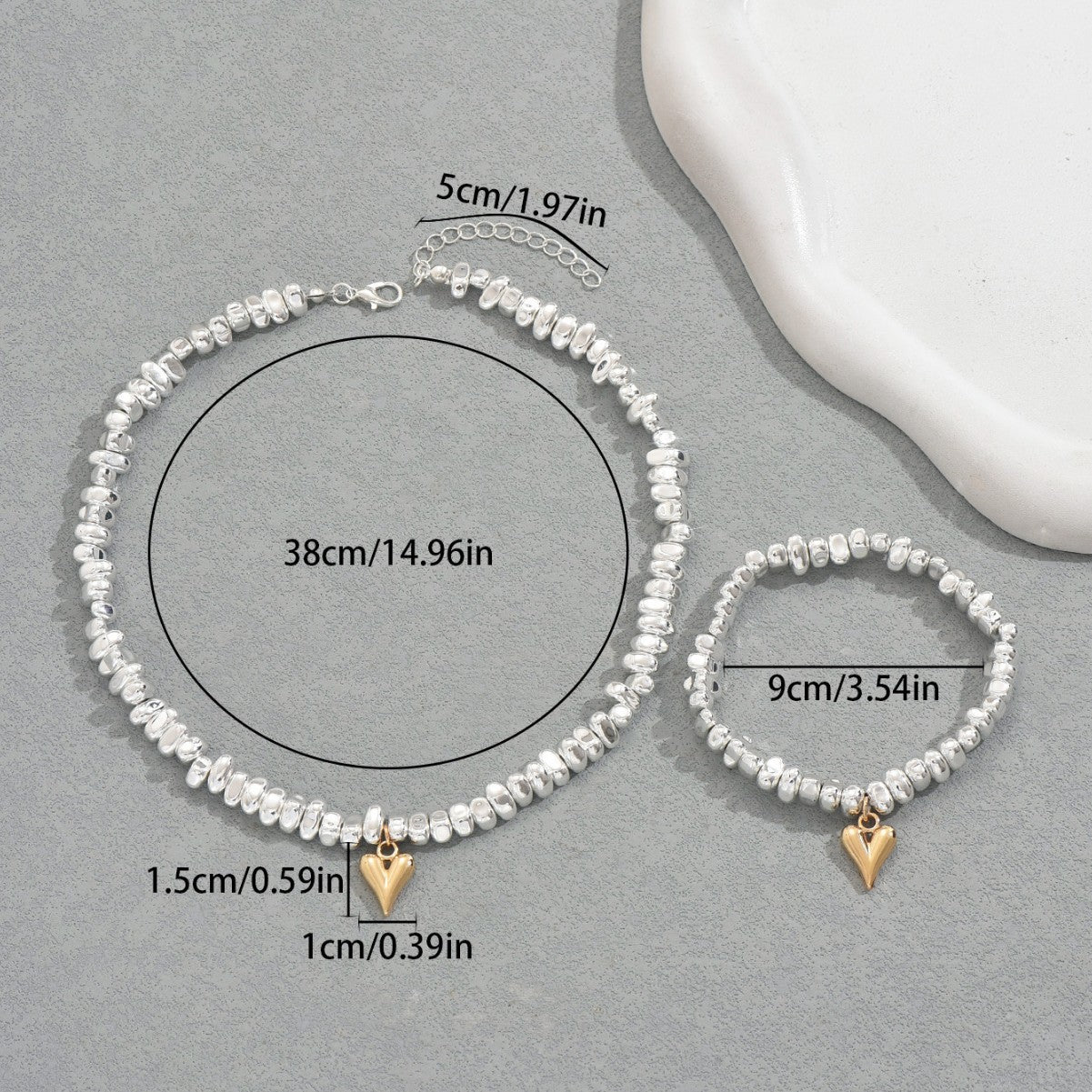 Best Selling Cross-border European American Women Jewelry Set, Geometric Heart Crushed Silver Irregular Design Clavicle Necklace & Matching Bracelet, Versatile Daily Neck Wrist Accessories