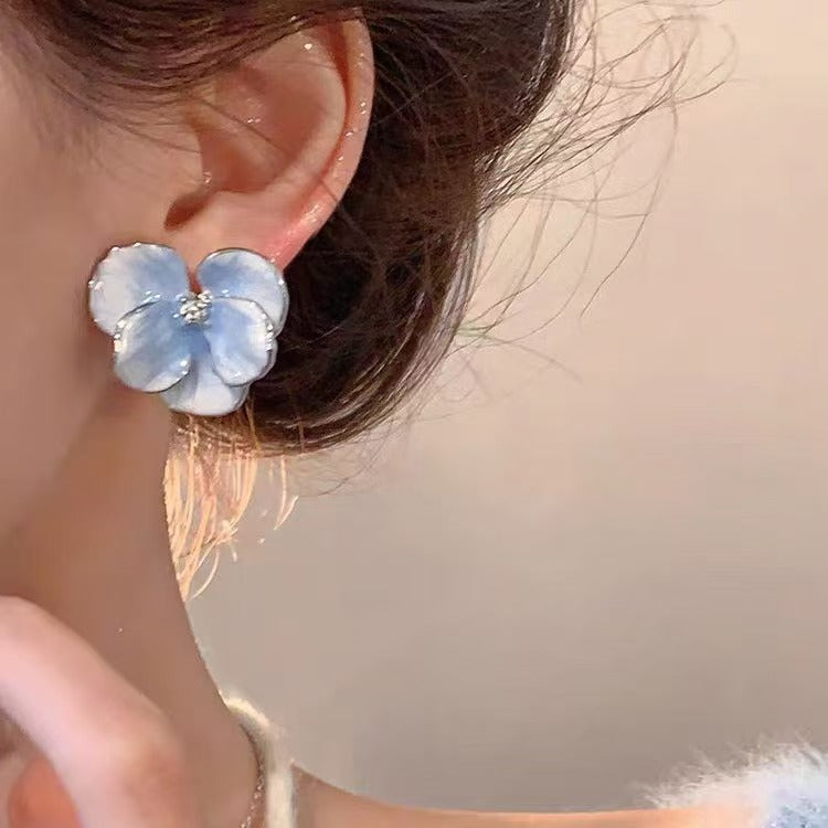 Vintage Enamel Blue Flower Earrings For Women S925 Silver Needle French Luxury Stud Earrings