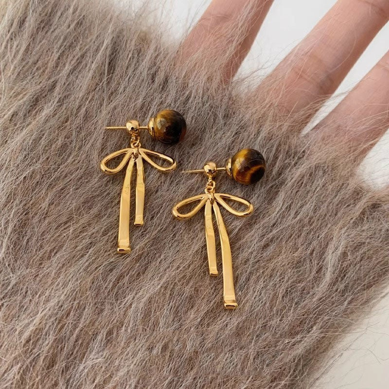 Teardrop Pearl Earrings For Women Silver Needle Tiger's Eye Crystal Beaded Vintage Niche