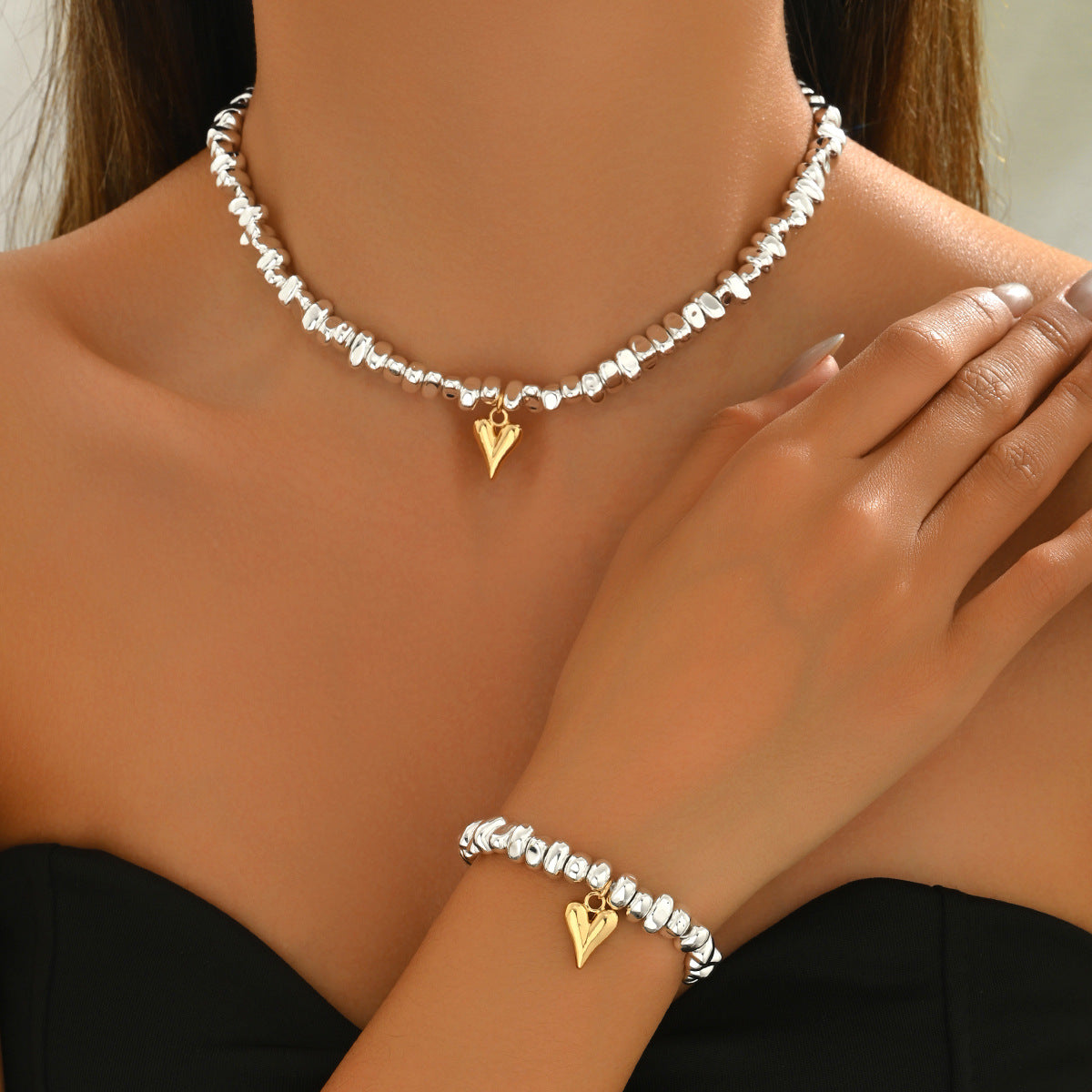 Best Selling Cross-border European American Women Jewelry Set, Geometric Heart Crushed Silver Irregular Design Clavicle Necklace & Matching Bracelet, Versatile Daily Neck Wrist Accessories