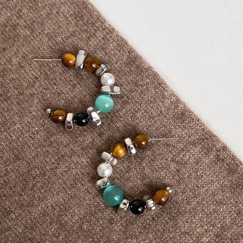 Silver Needle Tiger's Eye Earrings Women Pearl Crystal Beaded Teardrop Dangle Vintage Niche