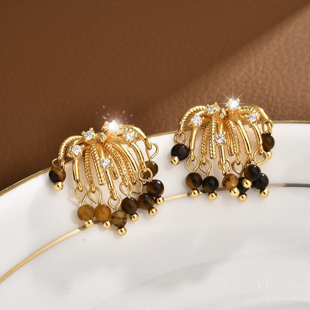 Silver Needle Tiger's Eye Earrings Women Pearl Crystal Beaded Teardrop Dangle Vintage Niche