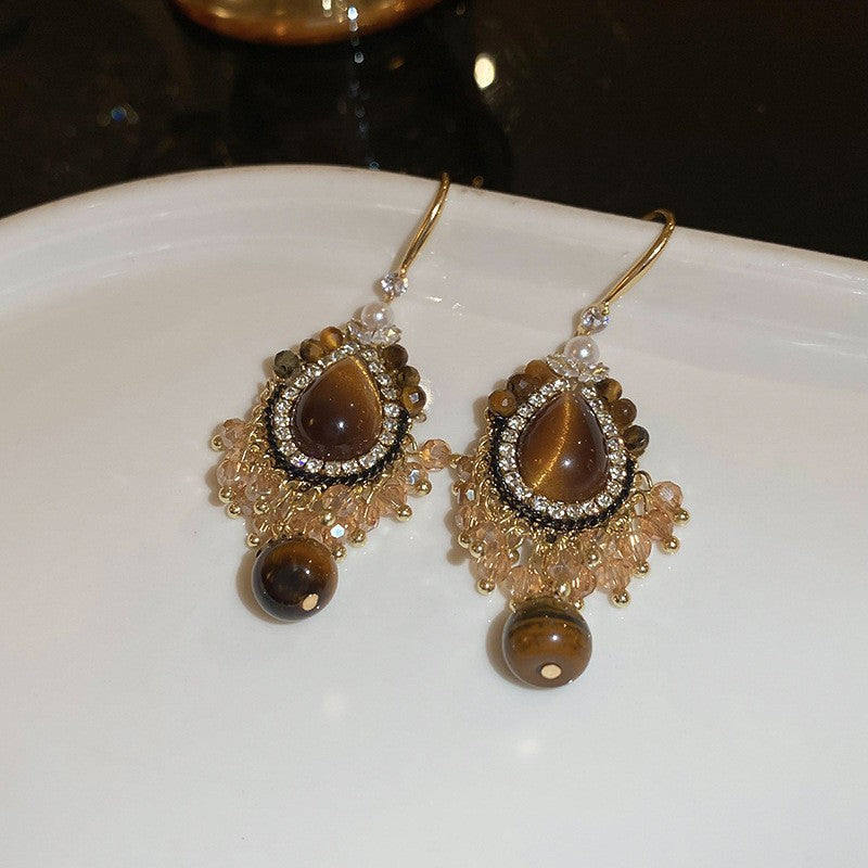 Silver Needle Vintage Diamond Crystal Tassel Earrings For Women Retro Light Luxury Stud Earrings
