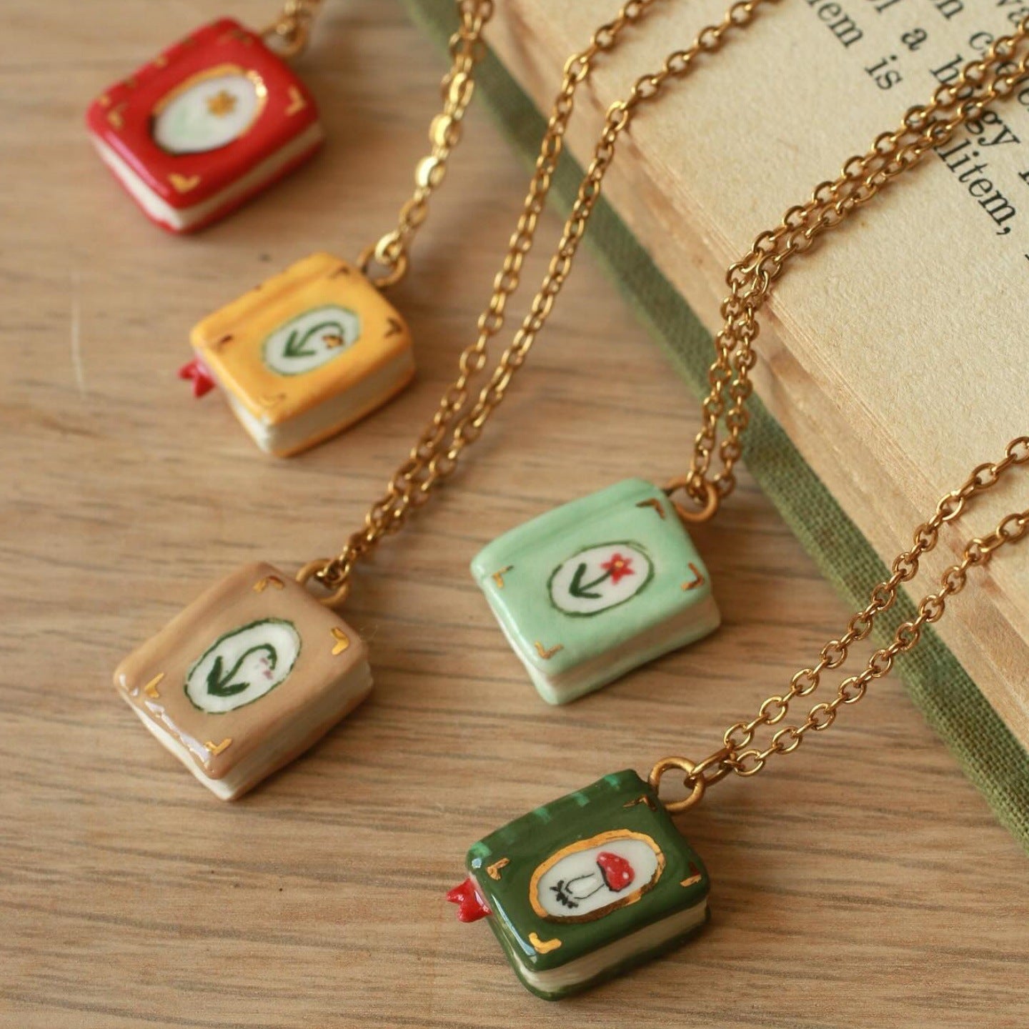 Stainless Steel Vintage Red Hand-Painted Book Necklace