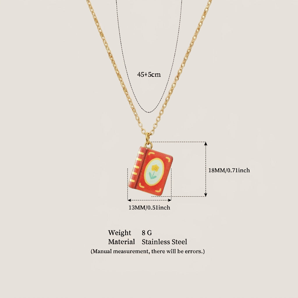 Stainless Steel Vintage Red Hand-Painted Book Necklace