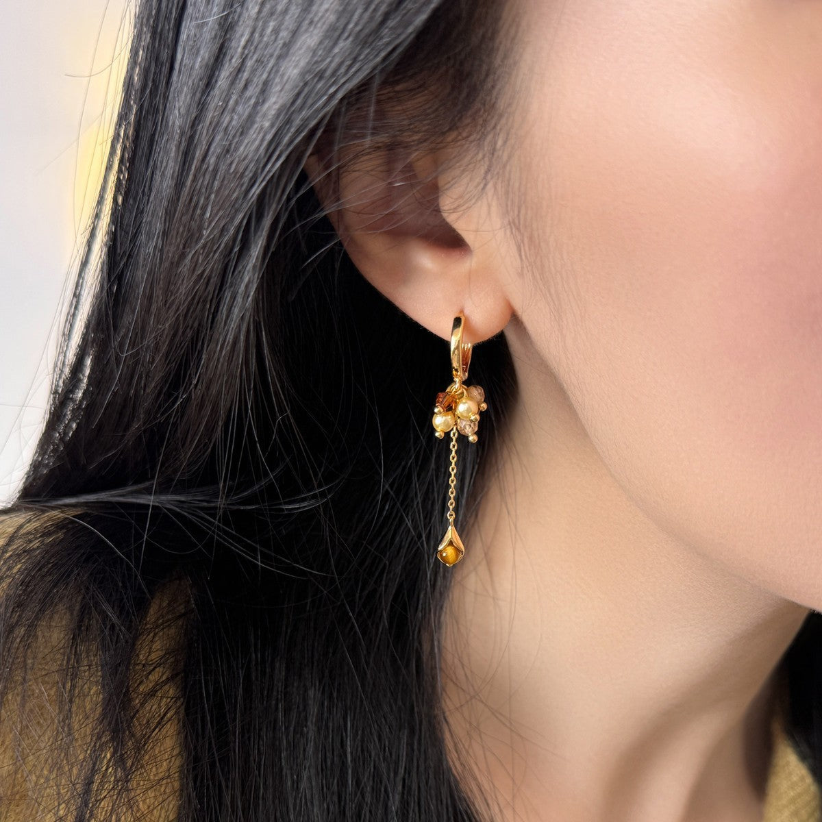 Tigers Eye Tassel Pearl Earrings For Women