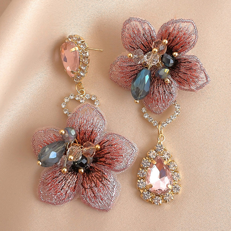 Silver Needle Vintage Asymmetrical Fabric Flower Dangle Earrings For Women French Elegant Jewelry