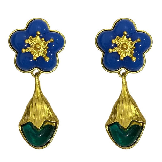 Blue Floral Earrings - Sterling Silver Posts