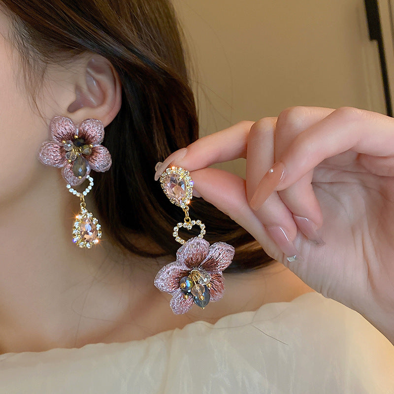 Silver Needle Vintage Asymmetrical Fabric Flower Dangle Earrings For Women French Elegant Jewelry