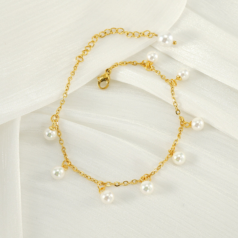 Womens Fashion Pearl Tassel Titanium Steel Bracelet