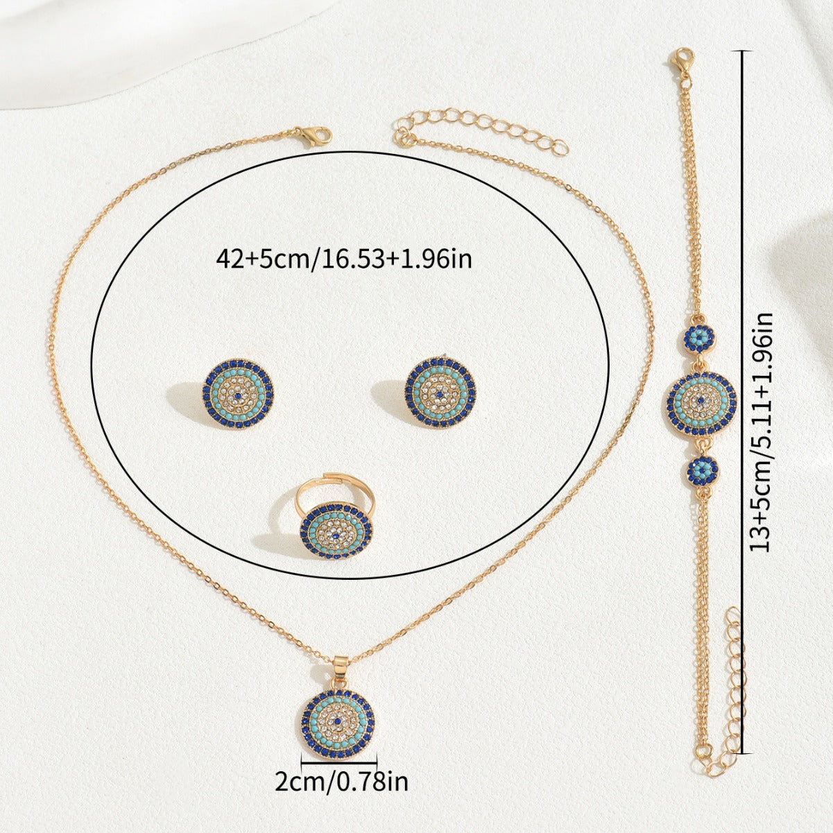 Cross-border European American Women Jewelry Set, Geometric Round Pendant Inlaid Cubic Zirconia, Beaded Bracelet & Adjustable Open Ring, Versatile Daily Neck Wrist Finger Accessories