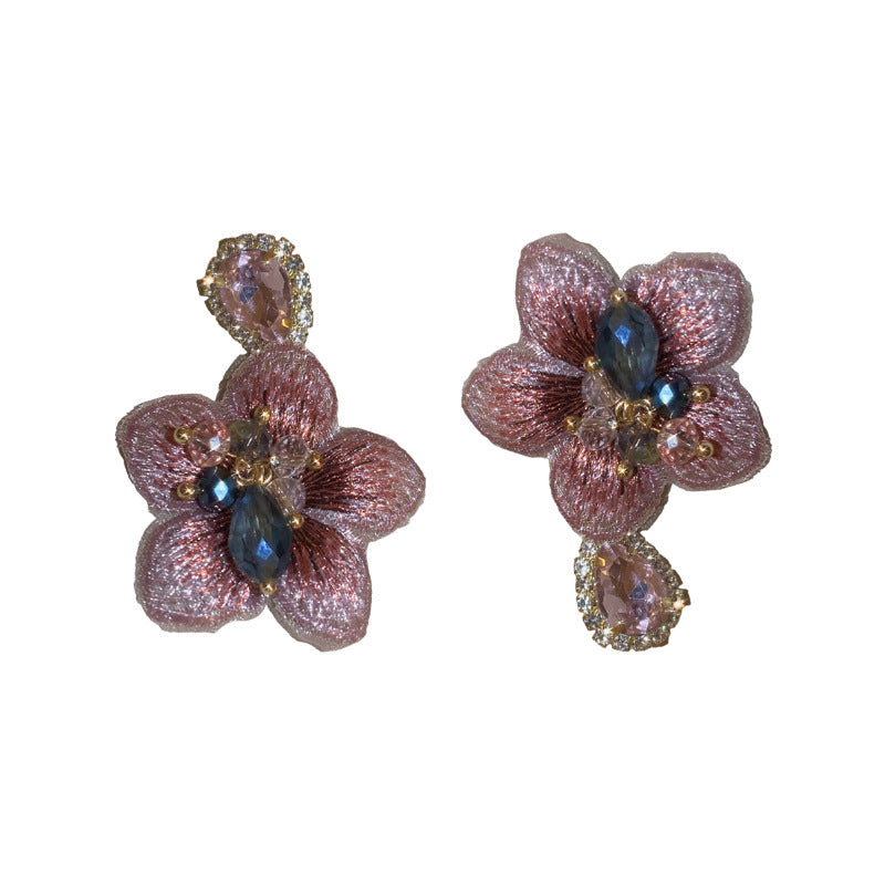 Silver Needle Vintage Asymmetrical Fabric Flower Dangle Earrings For Women French Elegant Jewelry