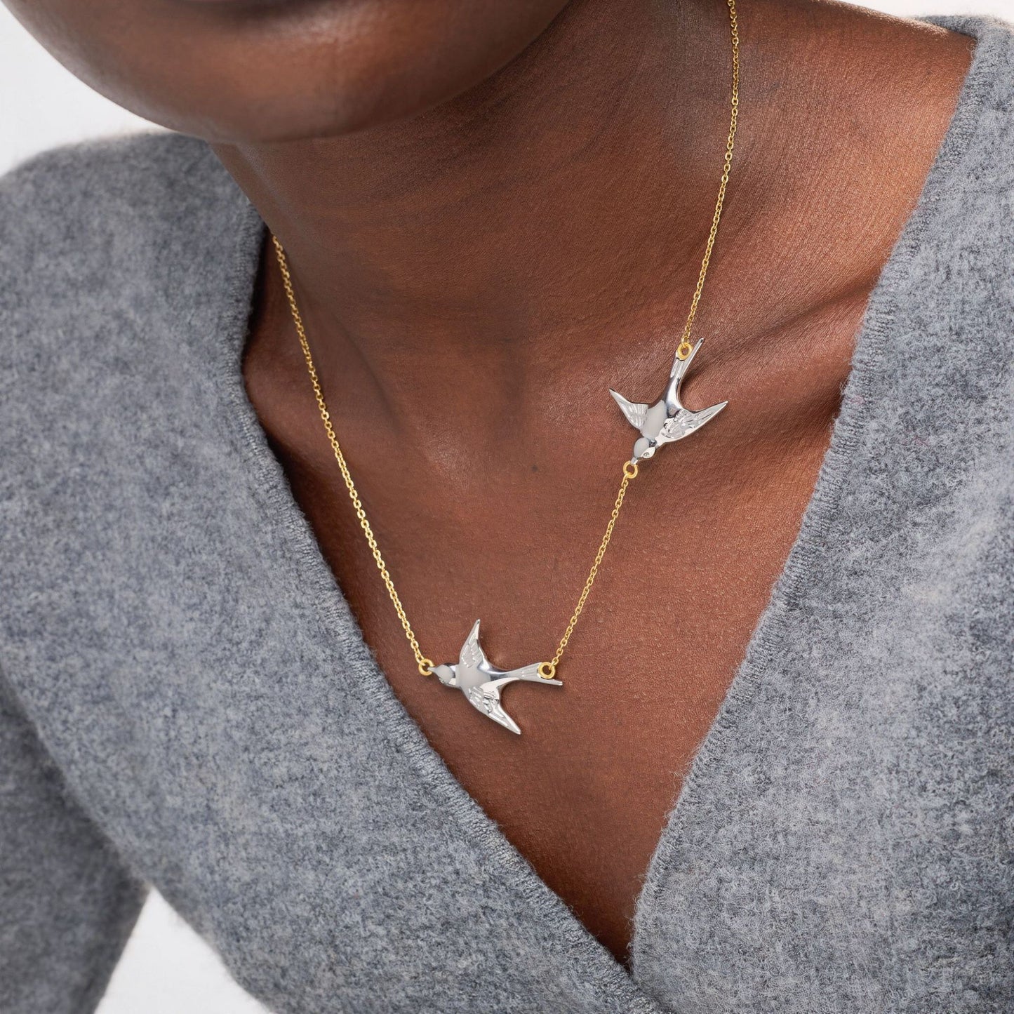 Stainless Steel Double Swallow Pendant Necklace