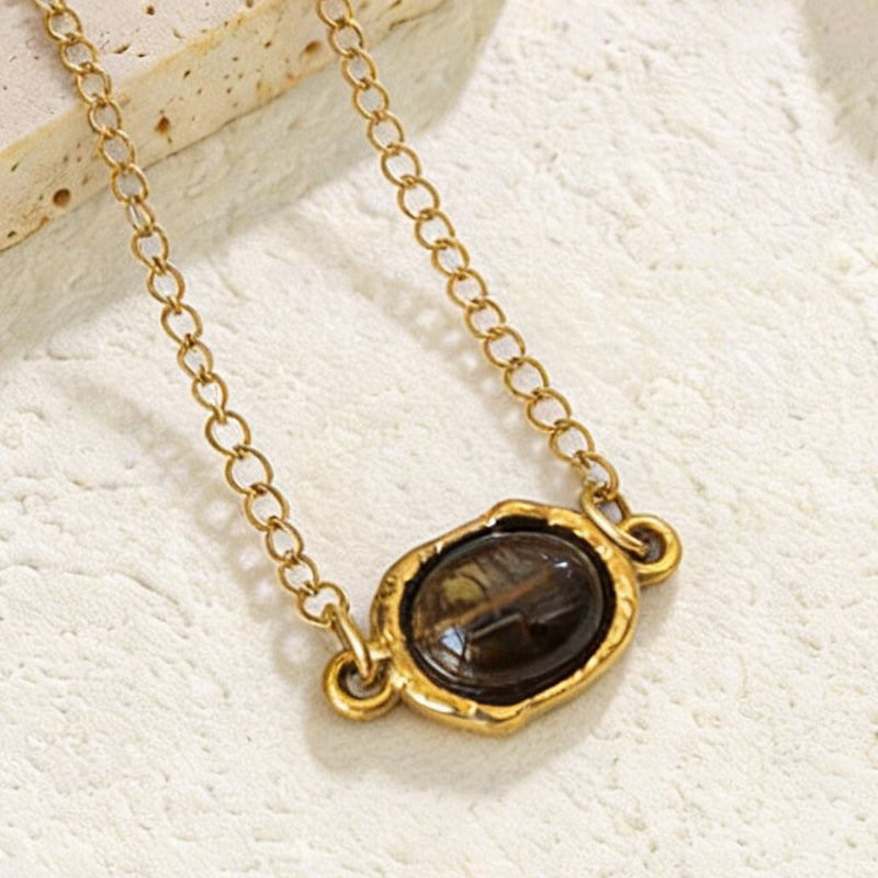 Stainless Steel Pendant Necklace With Tiger's Eye Stone Inlay