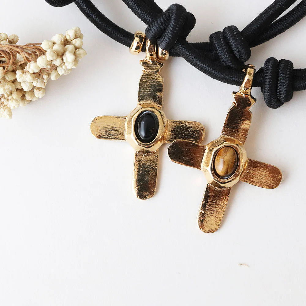 Stainless Steel Cross Pendant Charm With Faux Natural Stone Accessory