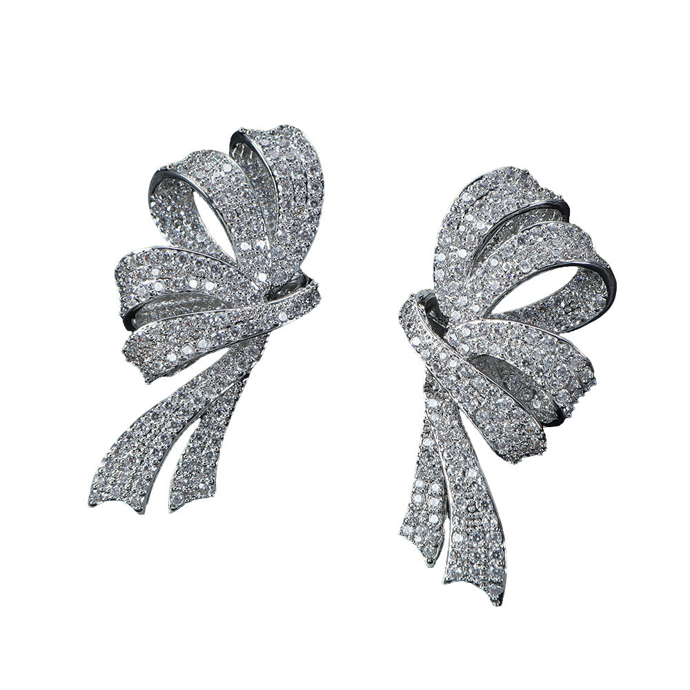 Three-dimensional Bow Earrings Fully Paved With Diamonds Eye-catching Dazzling And Sweet
