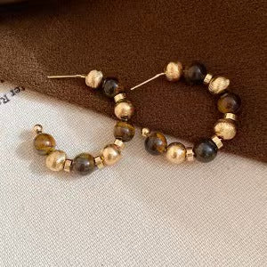 Silver Needle Tiger's Eye Earrings Women Pearl Crystal Beaded Teardrop Dangle Vintage Niche