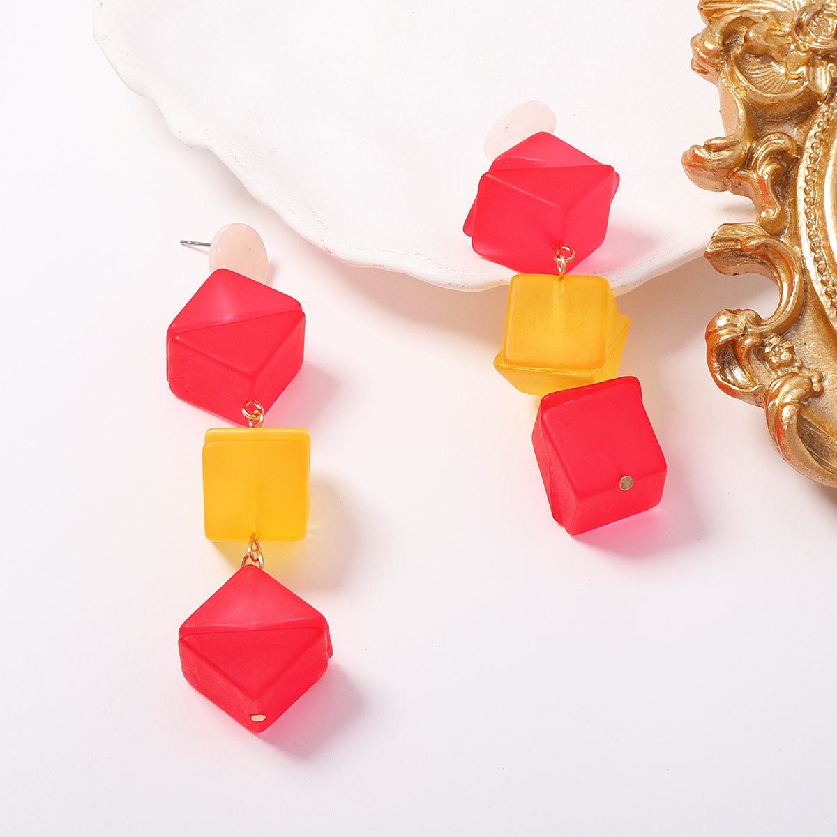 Summer Vitality Macaron Color-Block Matte Square Three-Dimensional Drop Earrings