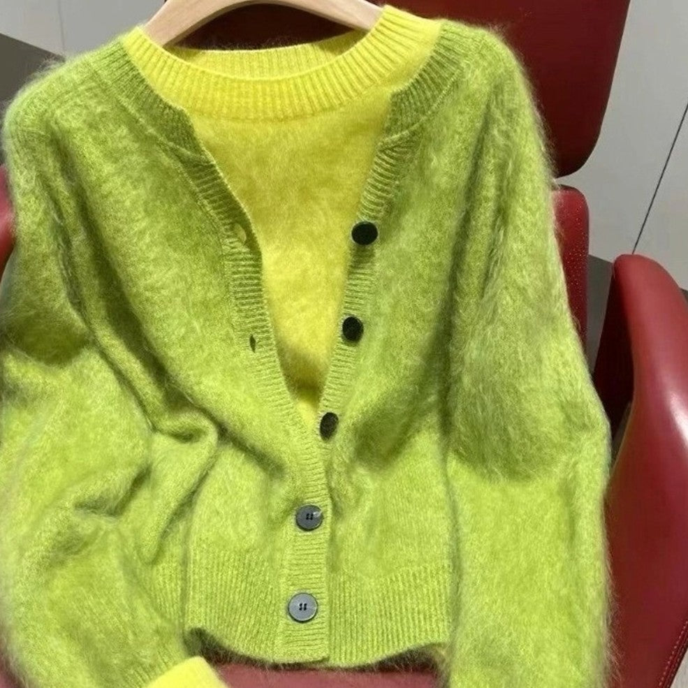 Avocado Green Layered Knit Cardigan Two-Piece Set
