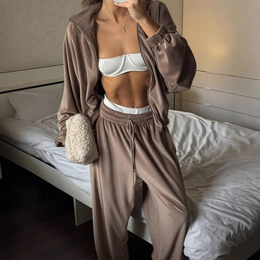 New Casual Womens Set Solid-color Long-sleeve Zip-up Cardigan And Sweatpantstwo-piece Set