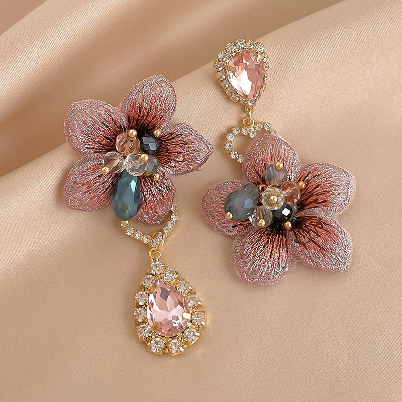 Silver Needle Vintage Asymmetrical Fabric Flower Dangle Earrings For Women French Elegant Jewelry